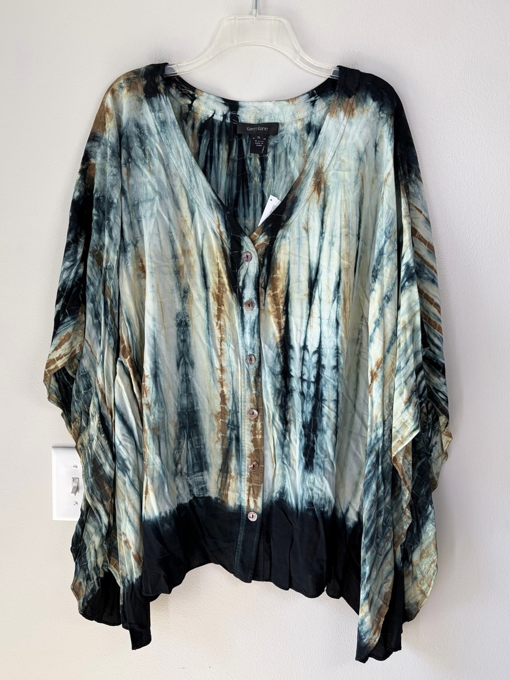 Karen Kane Abstract Tie Dye Flowy Button Up Kimono Blouse Top Artsy Beachy